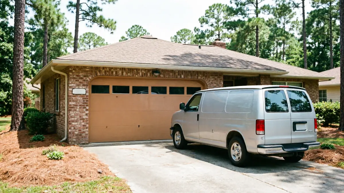 Installer kneeling to fit hardware on a new light gray garage door at a coastal home
