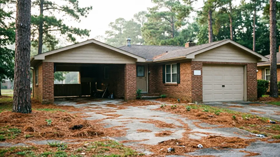 A brick house with a beige garage door and an open carport.