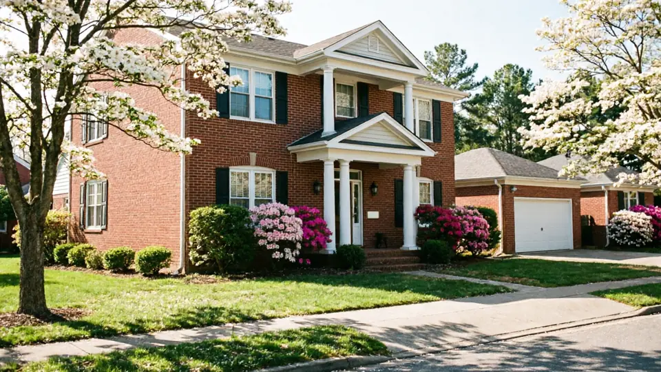 A brick house with a white garage door and blooming trees in the foreground.