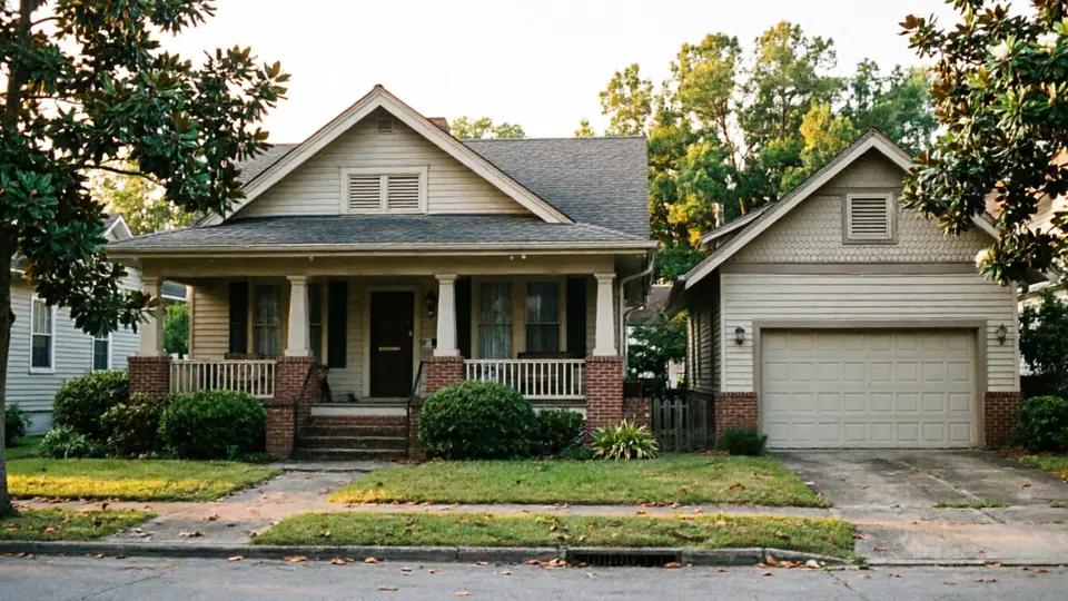 A light-colored house with a porch and a detached garage with a tan garage door.