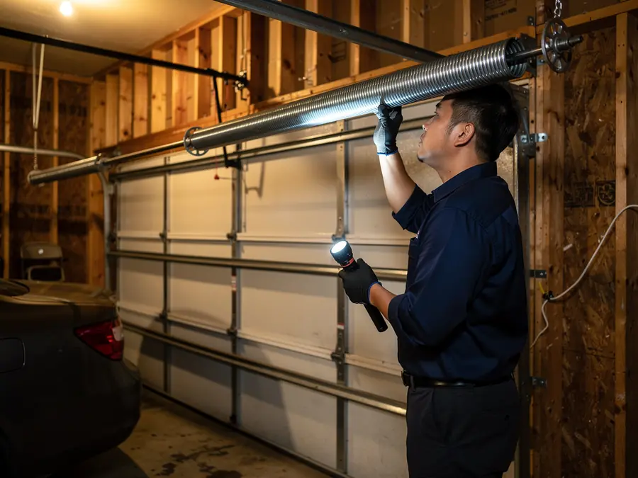 A technician with a flashlight inspects a garage door torsion spring.