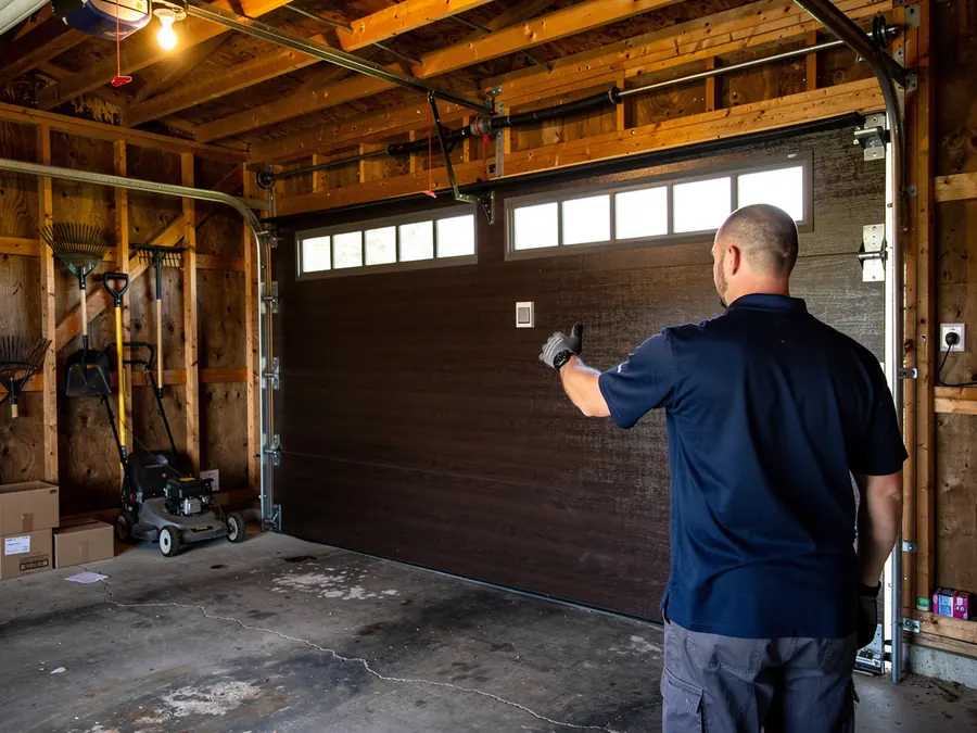 A technician gives a thumbs up to a brown garage door with windows.