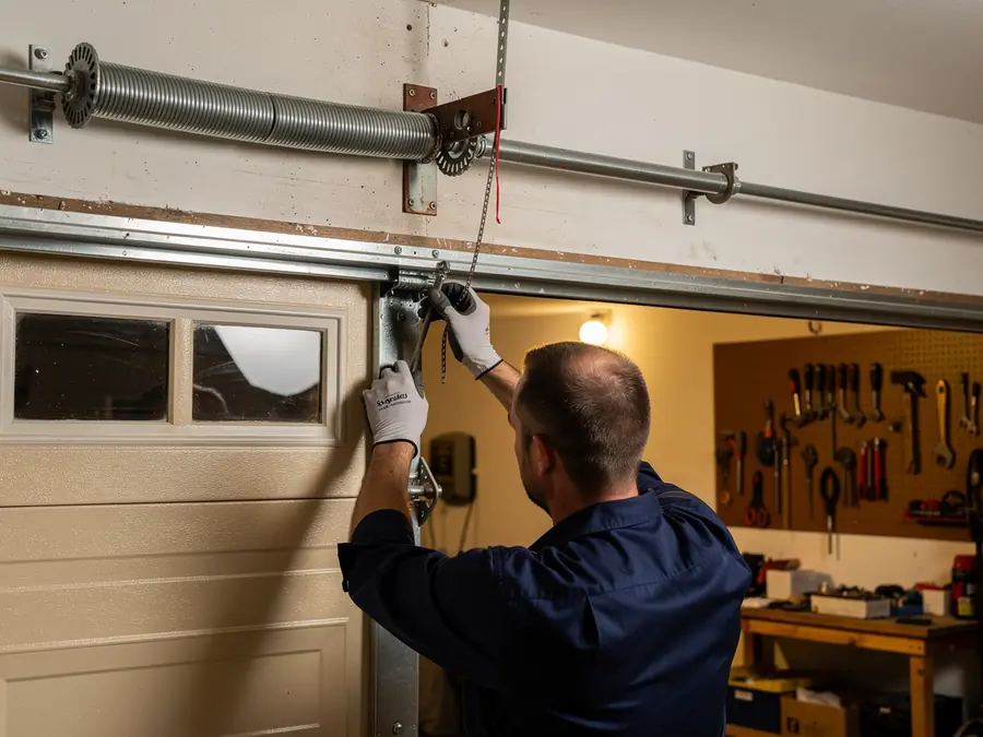 A technician works on a garage door with a torsion spring visible above.