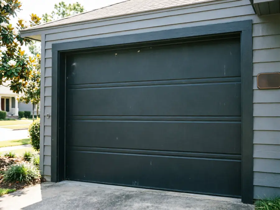 A dark gray garage door with horizontal panels is set in a gray house.