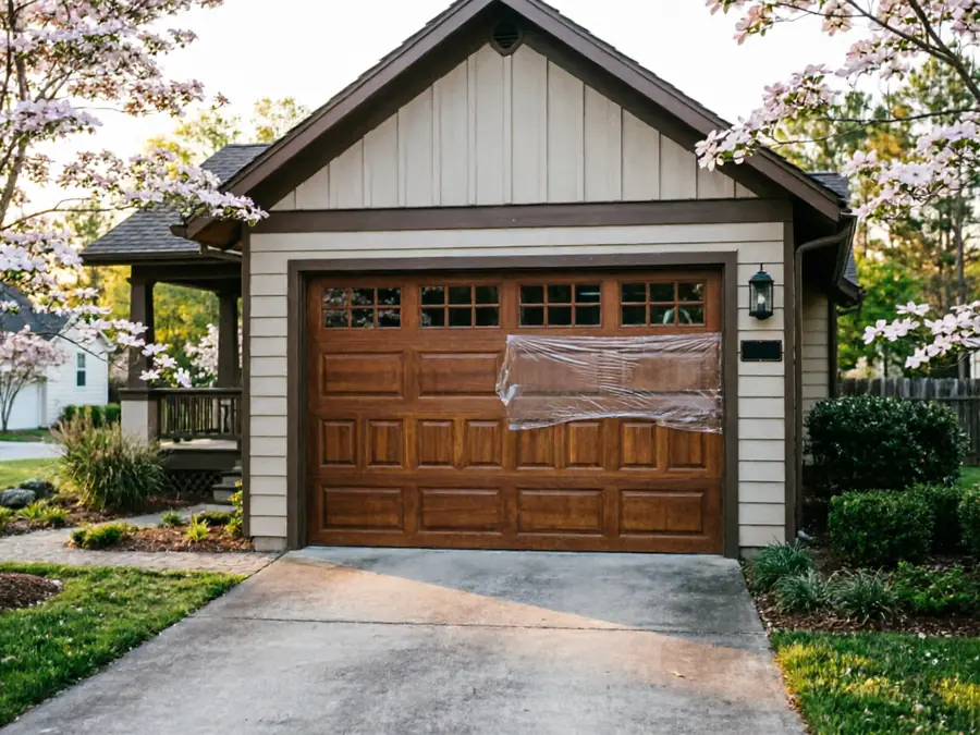 A brown garage door with windows has plastic sheeting covering a section.