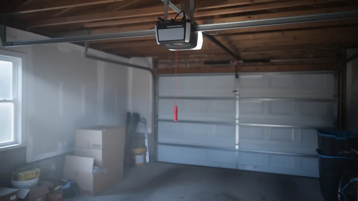 A garage door opener is installed above a closed white garage door.