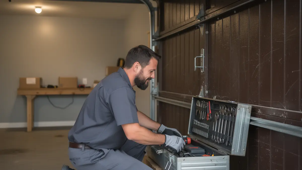 A technician kneels, opening a toolbox next to a brown garage door.