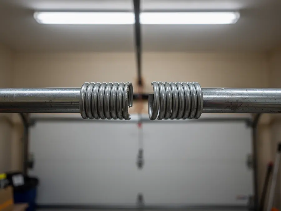 A broken torsion spring is on a metal rod in front of a white garage door.